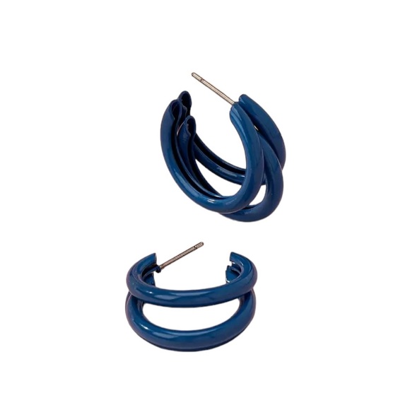 Geometric C Shaped Royal Blue Hoop Earrings - Picture 6 of 6